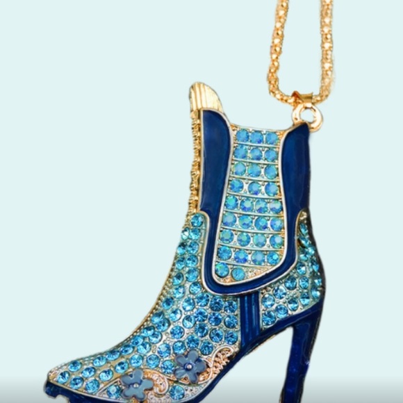 Betsey Johnson Jewelry - High Heel Boot Pendant  Necklace Blue CZ Crystal Enamel Gold Chain 18"-24" NEW